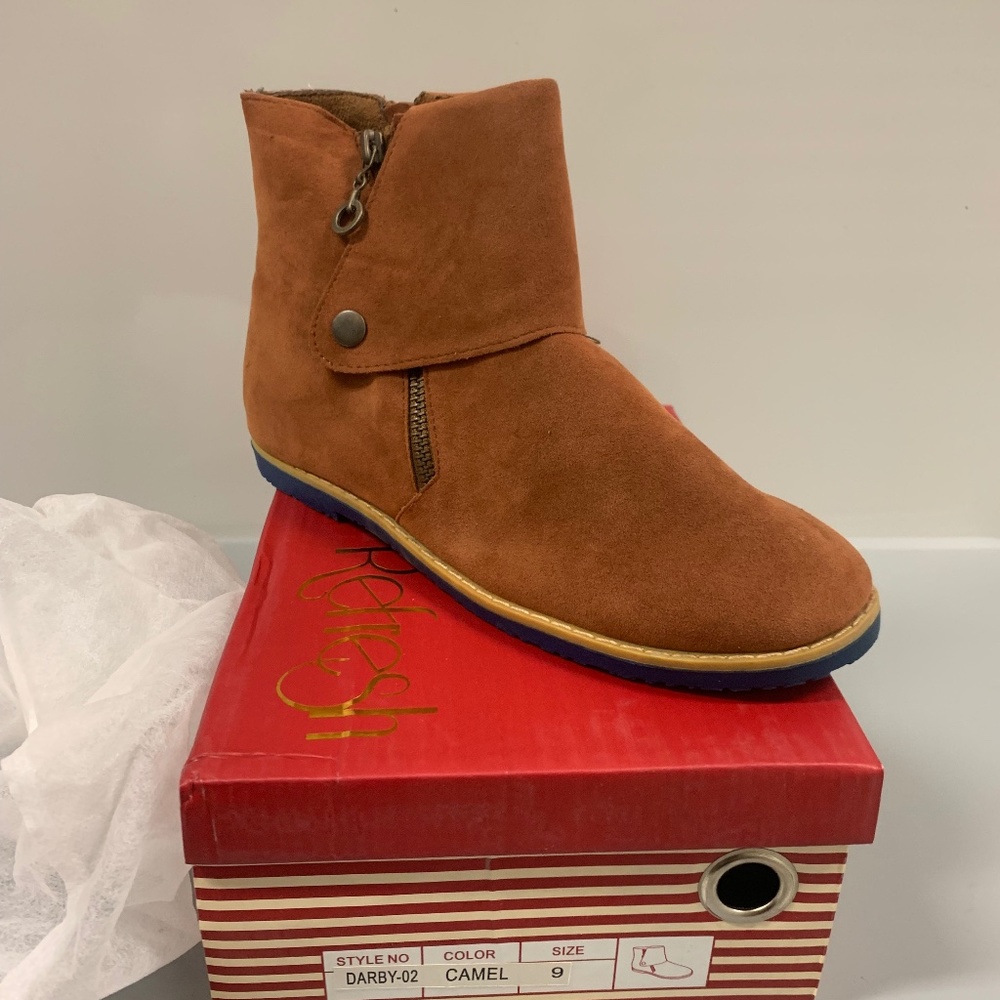 Refresh Faux Suede Zip Up Booties -- Camel